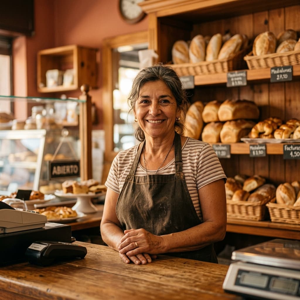 Comerciante argentino orgulloso en su negocio local