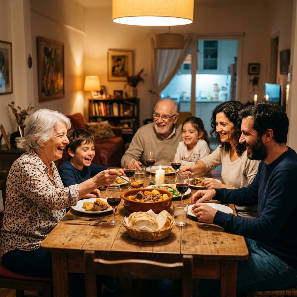 Familia argentina compartiendo una cena cálida en casa