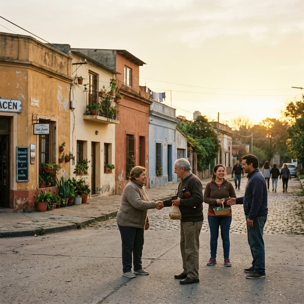 Amanecer cálido en un barrio argentino, vecinos saludándose